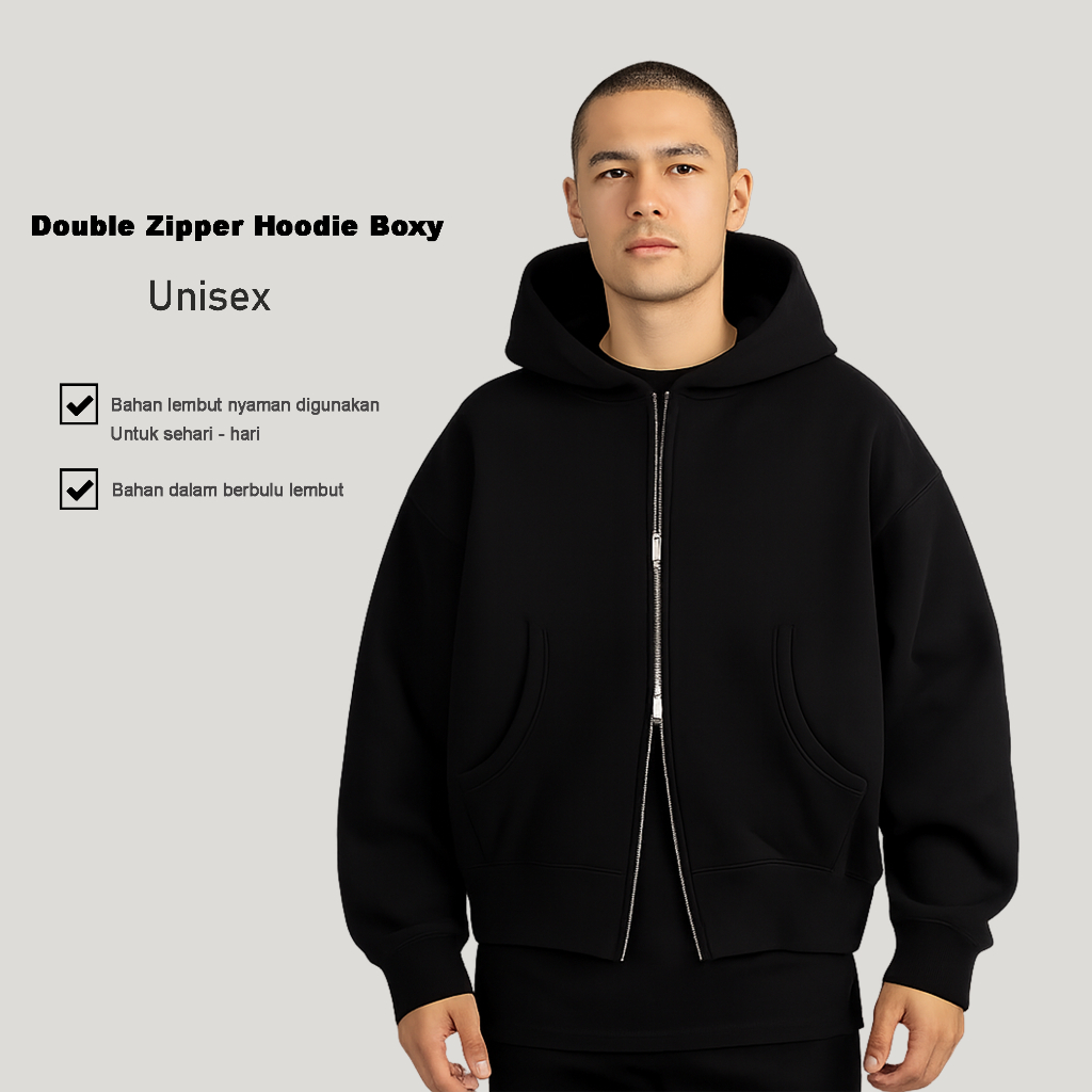 Sweater Hoodie Boxy Double Zip Zipper Bahan Tebal / Hoodie Boxy Zipper / Hoodie Boxy / Hoodie Boxy