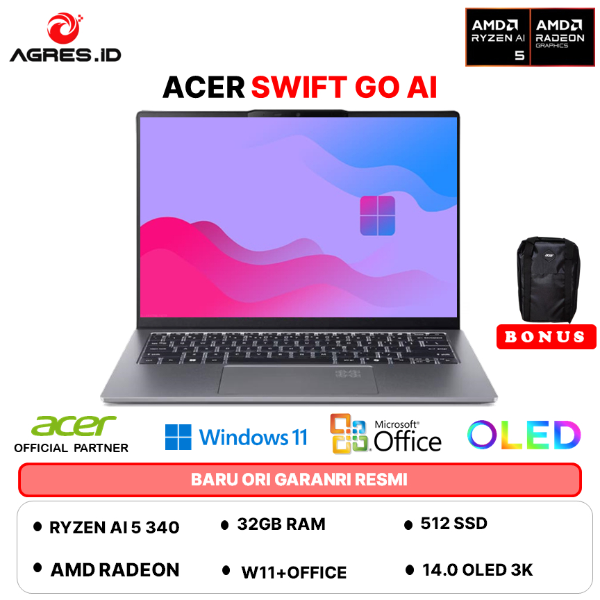 ACER SWIFT GO 14 AI OLED SFG14 RYZEN 5 AI 340 32GB 512GB W11+OHS+M365B 14.0 3K SLV -64.R9FP