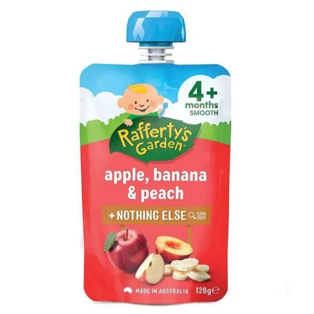 RAFFERTY'S GARDEN Apple, Banana & Peach 120g adalah puree buah sehat dengan rasa manis alami dari ap