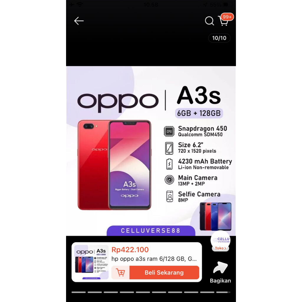 hp oppo a3s ram 6/128 GB