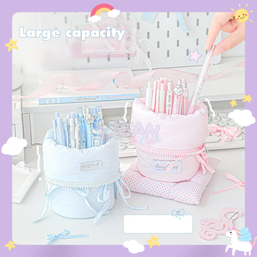 

Pencil Case Hiasan Pita Warna Pastel Aesthetic Puffy Ribbon Standing Pouch Organizer Makeup Cosmetic Bag Multifungsi with Handle
