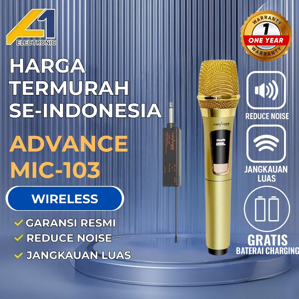 ADVANCE Mic Wireless MIC 103 / MIC103 Profesional Mic Wireless Gold Bisa di Charger Karaoke