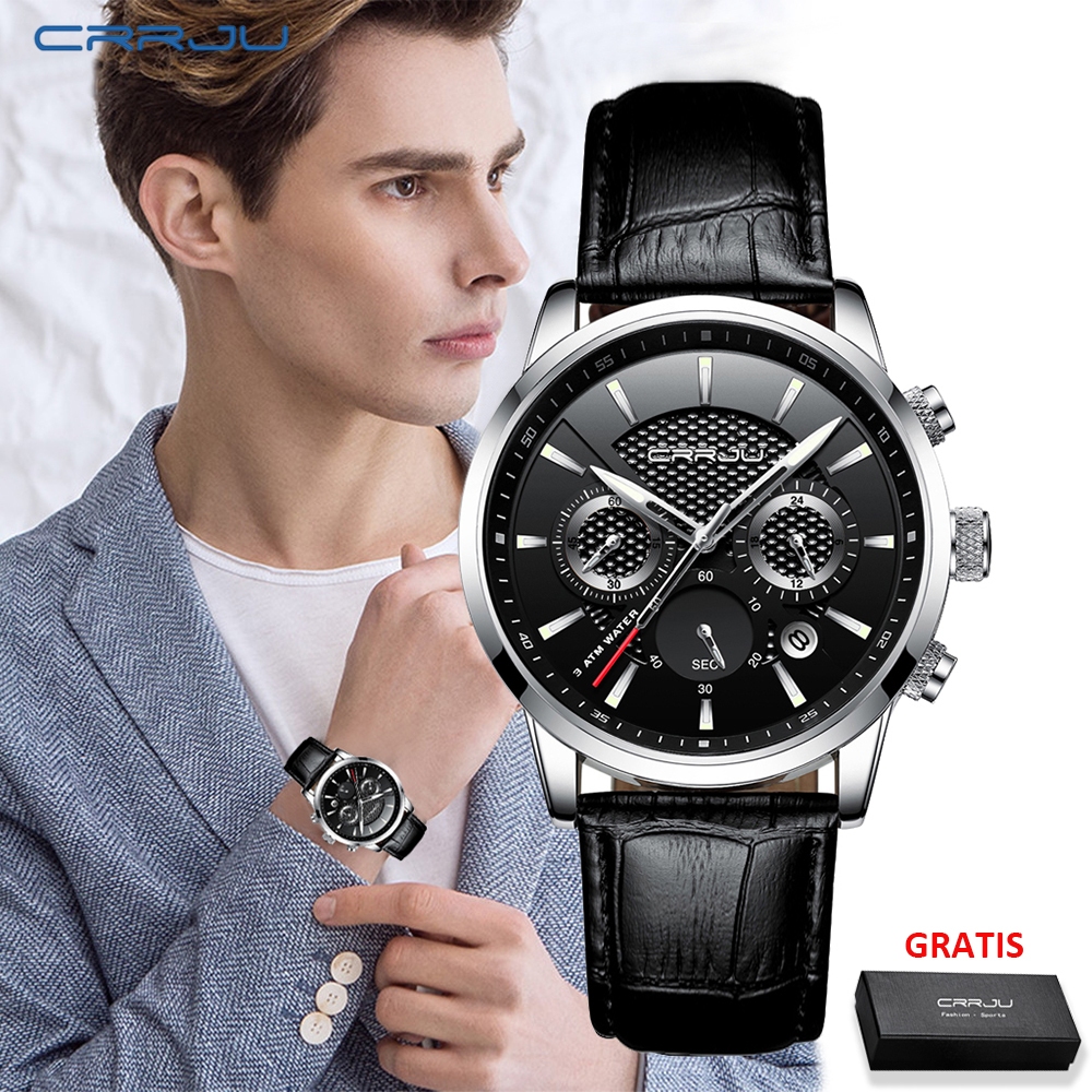 CRRJU Jam Tangan Pria Anti Air Fashion Keren Tipis Kronograf Quartz Kulit dengan Kalender Bercahaya 