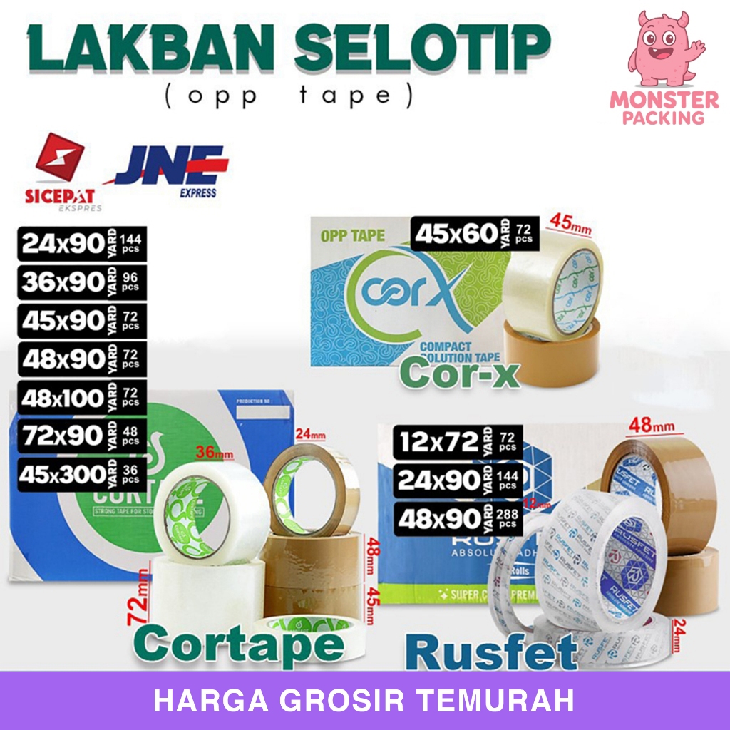 

Lakban Isolasi Selotip OPP Tape CORTAPE RUSFET Plakban Packing TERMURAH KARGO / DUS