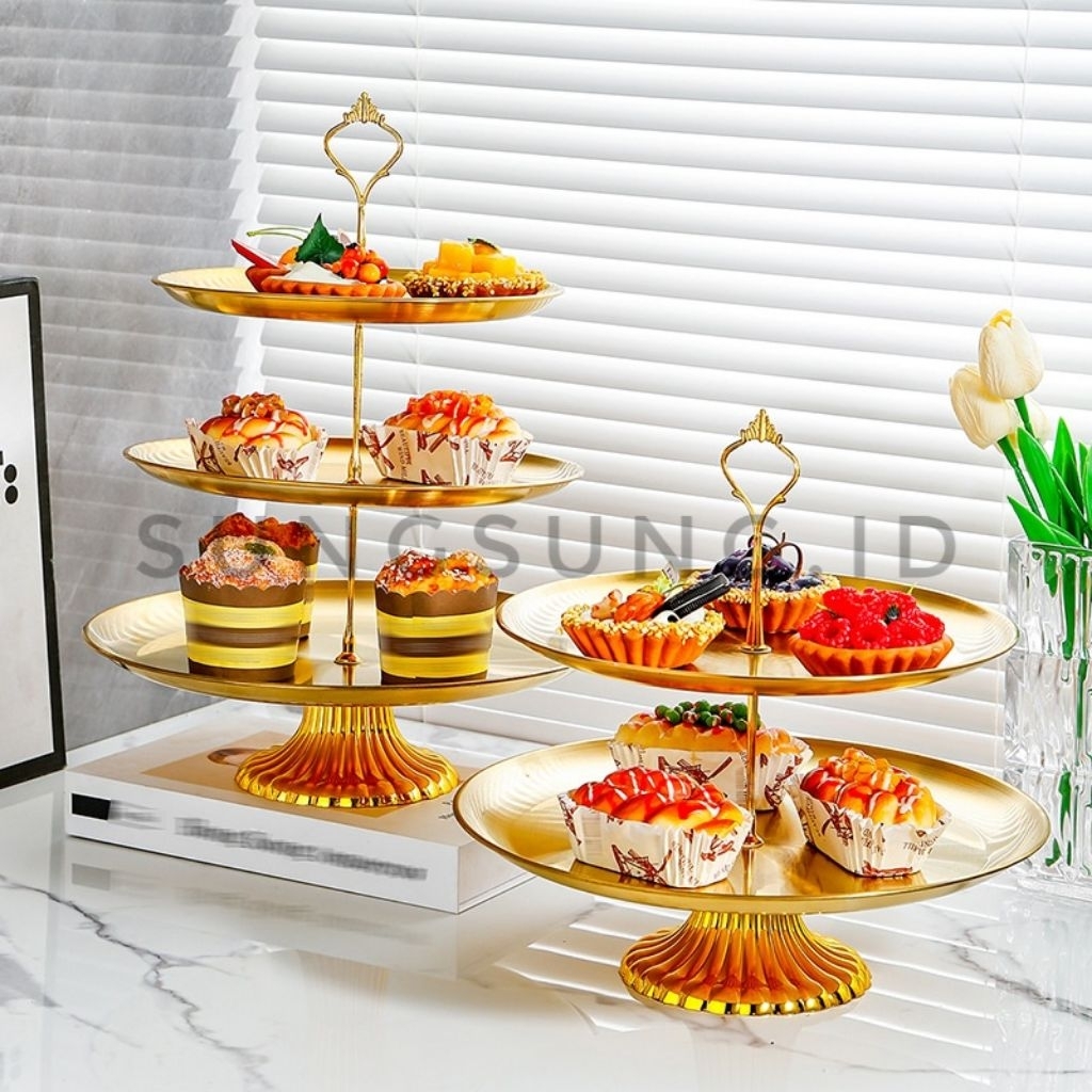 Rak Kue Stainless Warna Emas / Rak Kue Aesthetic / Piring Kue / Rak Kue Tingkat (1728-1730)