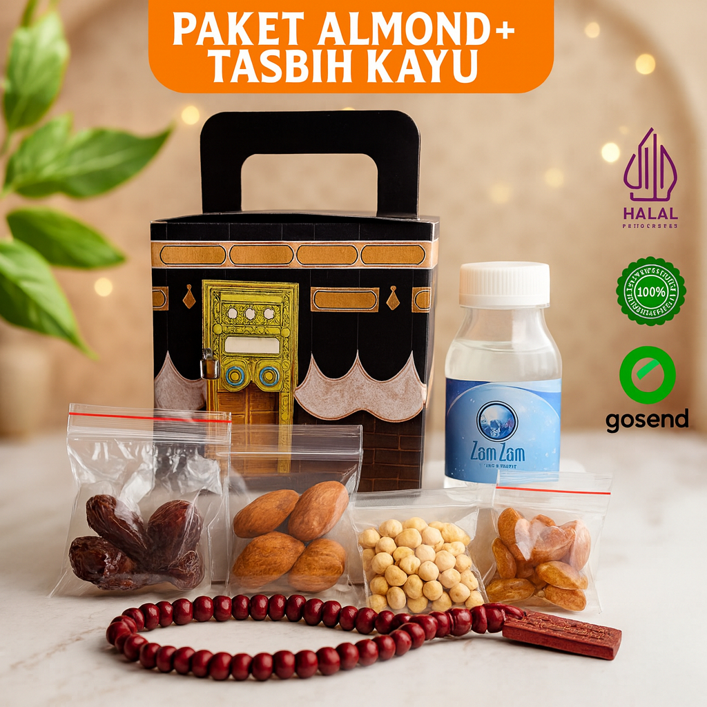 

Paket Hemat Oleh Oleh Haji dan Umroh Gift Hampers Almond + Tasbih Kayu 33 butir