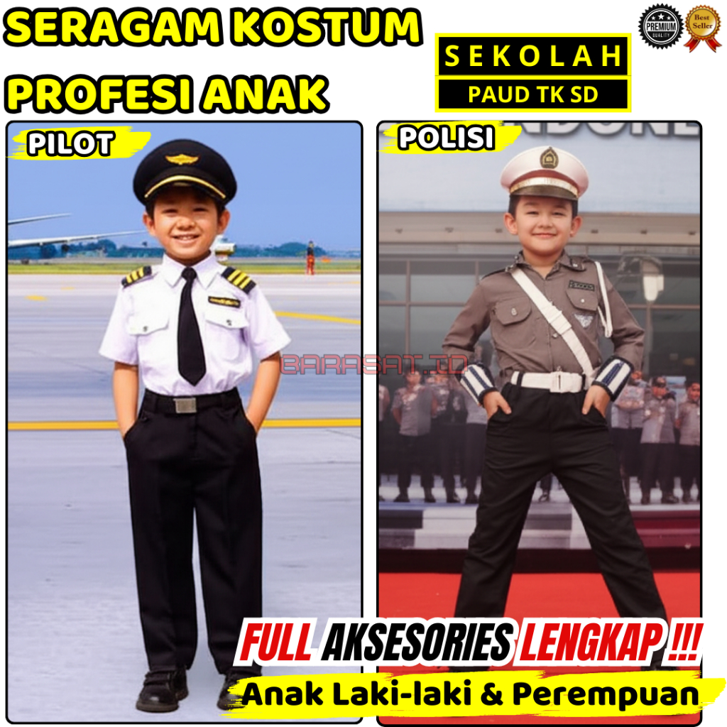 Baju polisi anak TK Profesi Pilot Busana Karnaval Agustusan Lengkap Full Aksesories Laki Perempuan