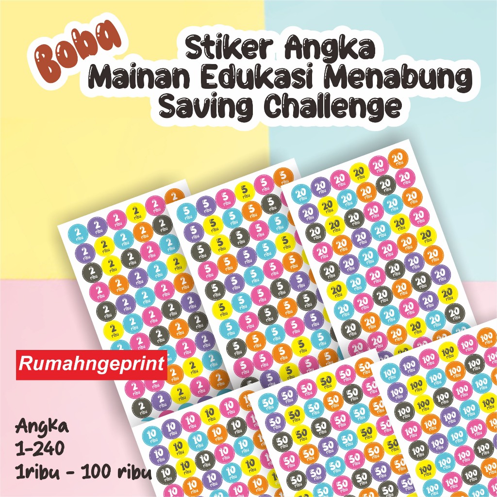 

( BOBA ) Stiker Angka menabung edukasi anak | 1 - 120 - 240 - 1ribu | Saving Challenge