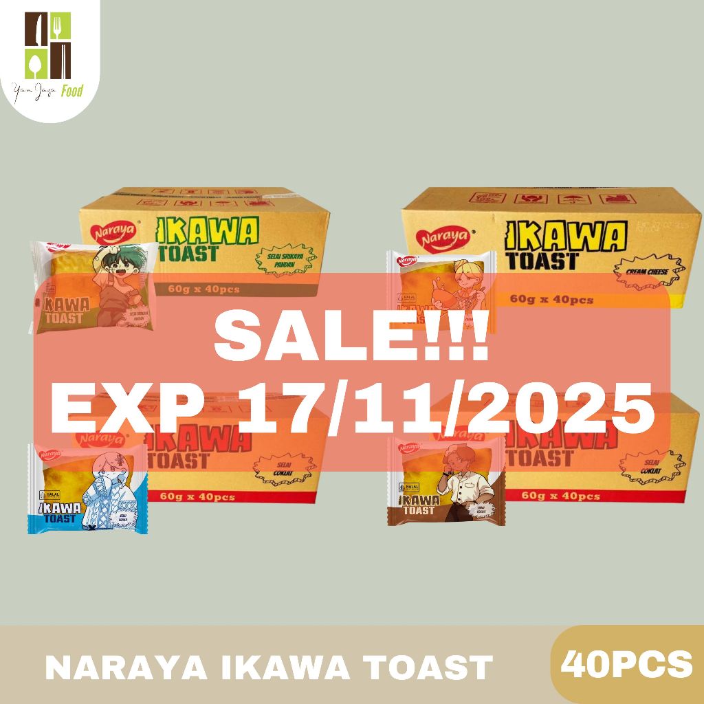 

Naraya Ikawa Toast / Roti Panggang Cream Cheese / Selai Vanila / Selai Coklat / Selai Srikaya Pandan 60G 1 Carton / 40 PCS