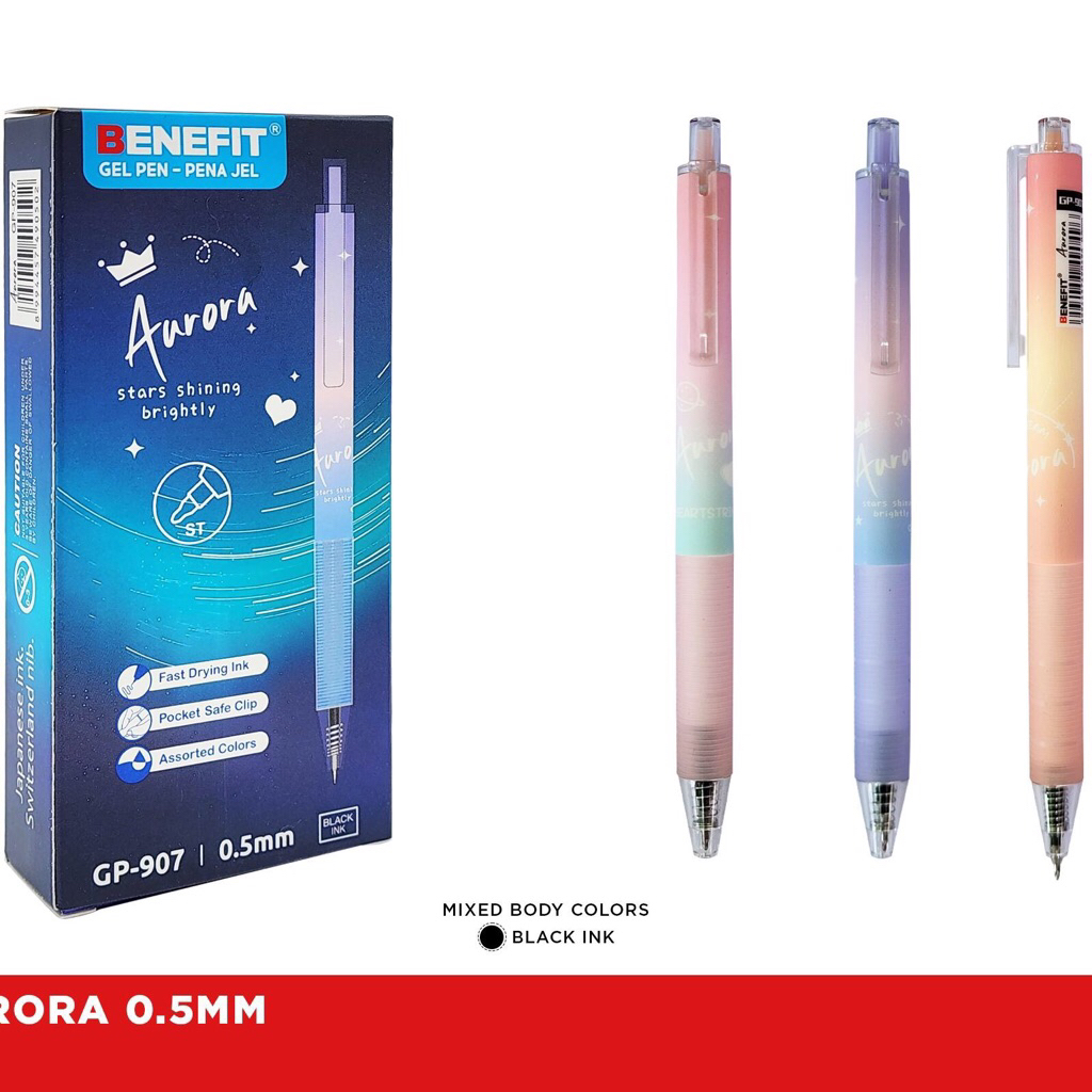 

Benefit Gel Pen Benefit Aurora GP-907 Tinta Hitam Ujung 0.5mm Body Gradasi Cantik Estetik 12 Pcs Pack