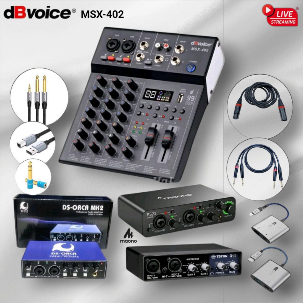 Paket Mixer dBvoice MSX402 Audio Interface DS ORCA MK2 / Teyun Q22 / Maono PS22 Kabel Aux OTG Lengka