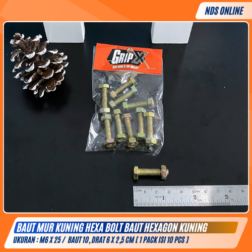 Baut Mur Kuning Hexa Bolt M6x25 Baut & Mur Hexagon Drat 6x2,5cm / Baut 10 [ 1 Pack Isi 10 Pcs ]