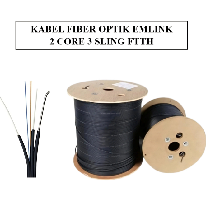 Kabel Fiber Optik Outdoor Emlink 2 Core 3 Sling Roll Kabel Jaringan FO FTTH Kabel Drop Wire Dropcore