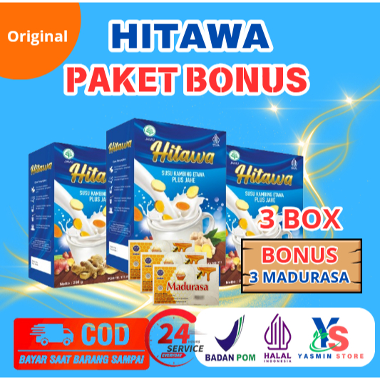 

[ PAKET 3 BOX HITAWA GRATIS 3 MADURASA ] [ BISA COD + GARANSI ] HITAWA Susu Kambing Etawa Plus Herbal Jahe Merah Kunyit Temulawak Mengatasi Nyeri Sendi Lutut Pinggang Rematik Asam Urat Kolesterol Kemasan 200 gr