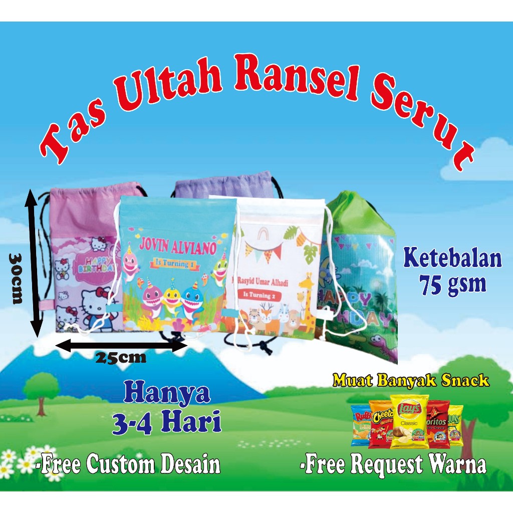 

Tas Ultah Serut/Tas Ultah Custom/Tas Ulang Tahun/Tas Souvenir/Tas Ultah Murah/Tas Serut Souvenir
