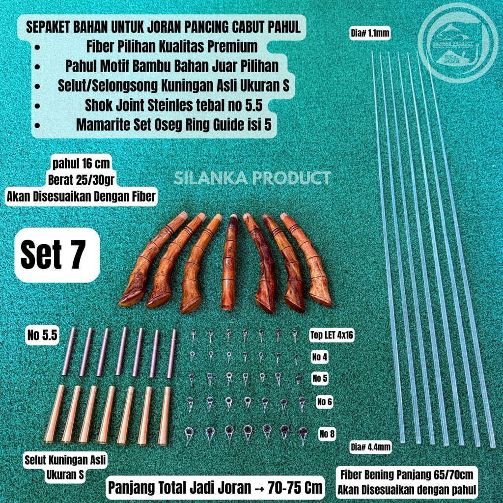 Sepaket Bahan u/Joran Pancing Cabut Pahul Selut kuningan asli, U/Jerpon 70-75cm fiber Bening