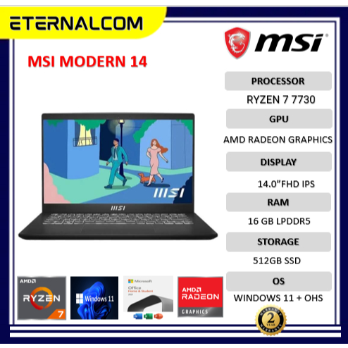 laptop MSI Modern 14 Ryzen 7 7730 16GB 512GB Windows 11 + OHS 14.0" Full HD IPS