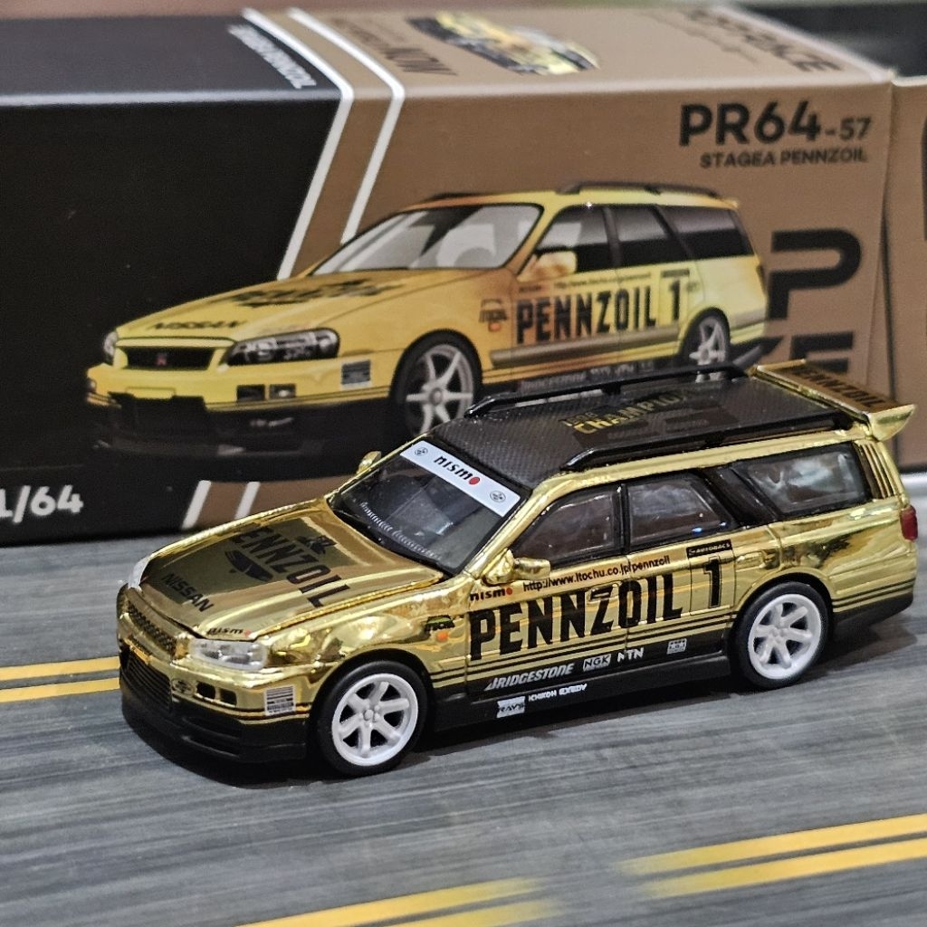pop race nissan r34 stagea gtr wagon PR64-57 chrome gold inno64 fast furious penzoil