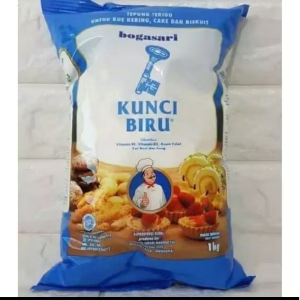 

tepung terigu protein rendah Bogasari kunci biru untuk kue kering, cake, dan biskuit kemasan 1 kg