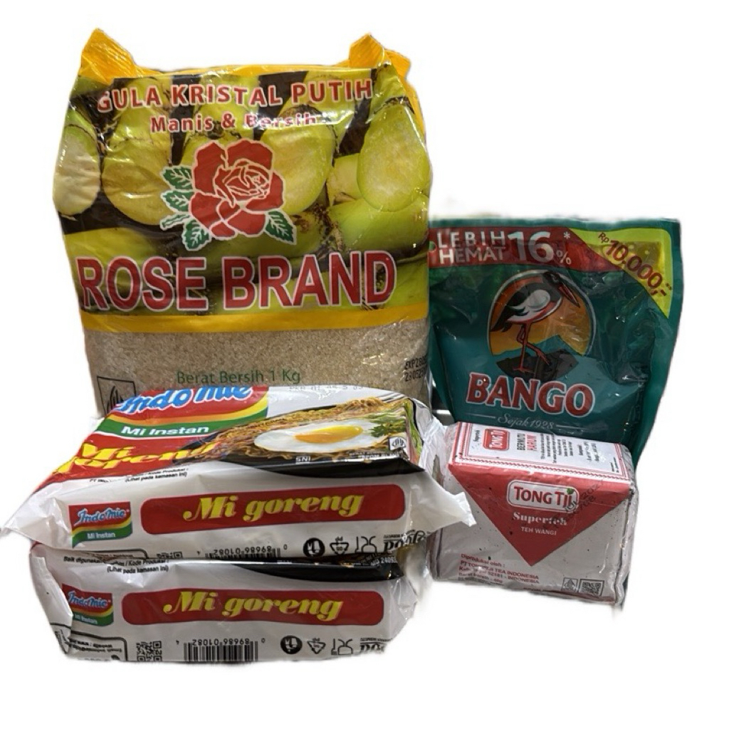 

(C4) Combo Hemat 2bks Indomie goreng, 1bks Rose Brand, 1bks Tong tji , 1bks Bango 280g