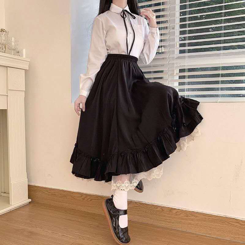 Rok Jumbo Rok Panjang Hijab Friendly Gothic Lolita Daily Layer Ruffle Lace Vintage Korea