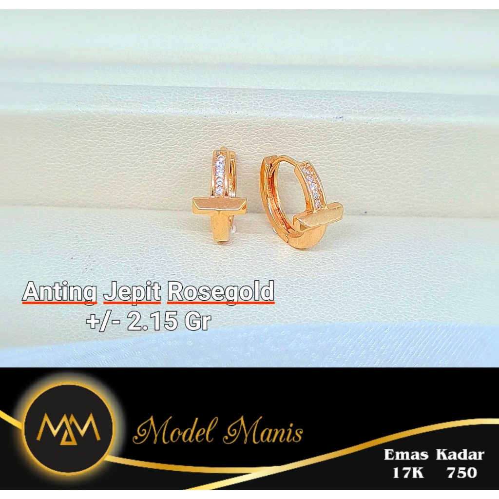 Model Manis Gold - Anting Jepit T Bulat Rosegold - Emas 17k  750