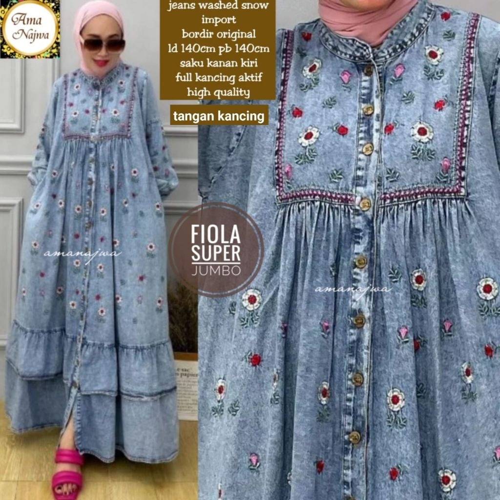 Gamis jumbo jeans fiola ld 120- ld 140 cm bordir gamis denim snow