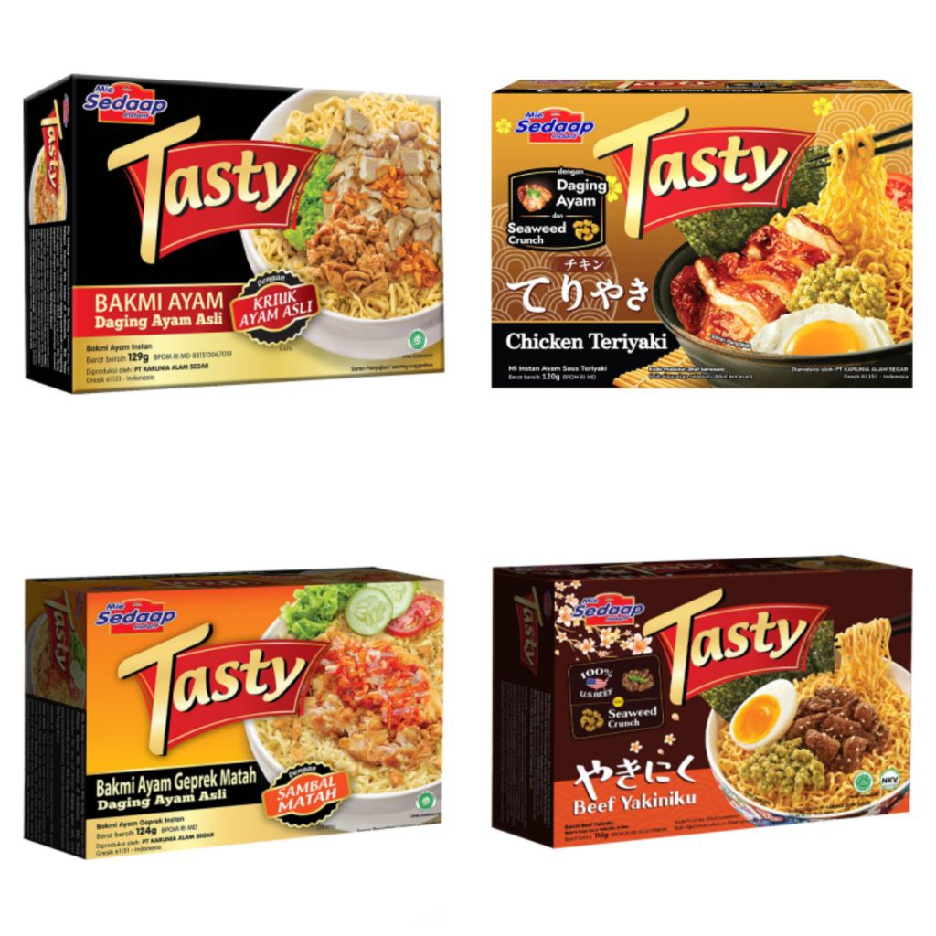 

Sedaap Mie Tasty Mi Instan Chicken Teriyaki / Sedaap Mie Tasty Mi Instan Beef Yakiniku / Sedaap Mie Tasty Mi Instan Ayam Geprek / Sedaap Mie Tasty Mi Instan Bakmi Ayam