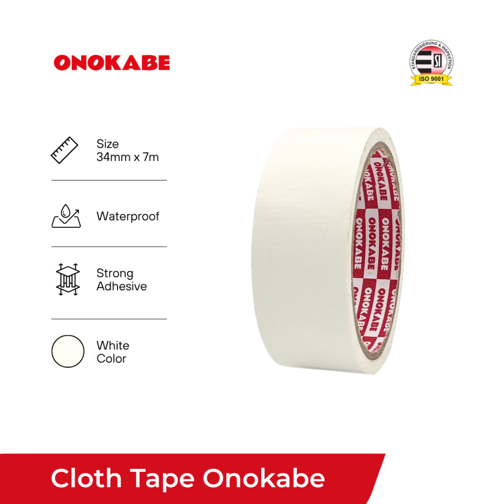 Lakban Onokabe - Cloth Tape Lakban Kain Putih 34mm x 7m - Lakban Kain - Daya rekat kuat Kualitas Pre