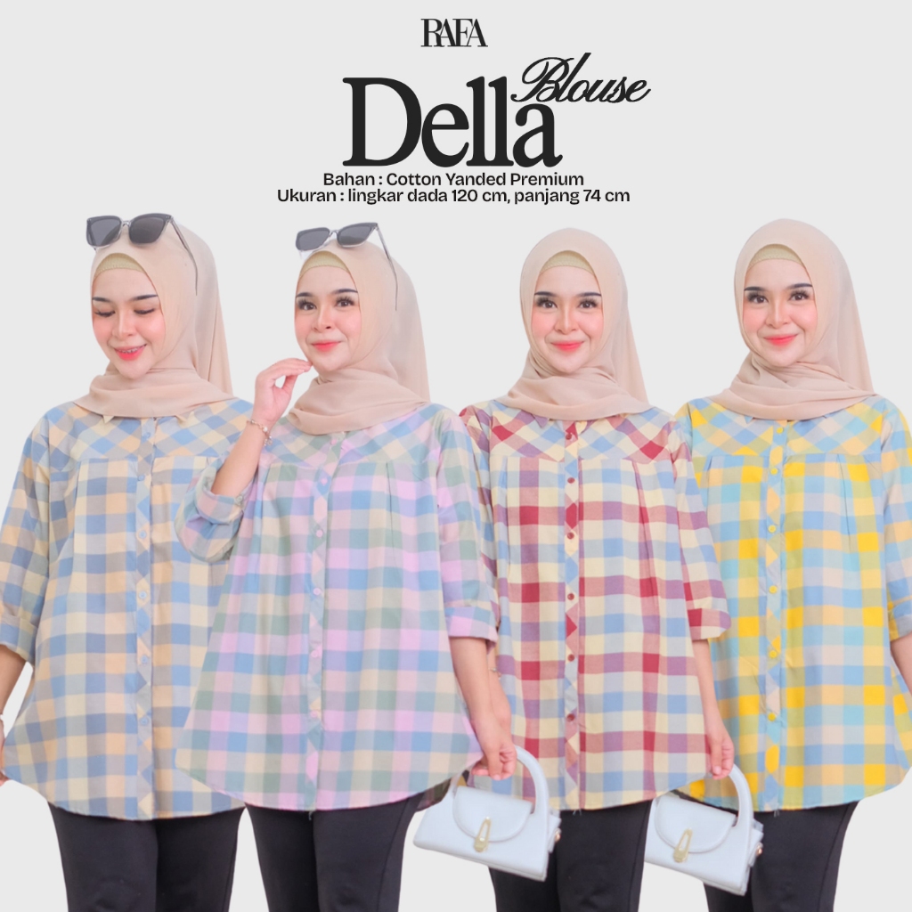 Della Blouse Jumbo Motif Kotak, Atasan Jumbo Bahan Katun Motif Kotak, Tunik Kotak Size Jumbo LD 120