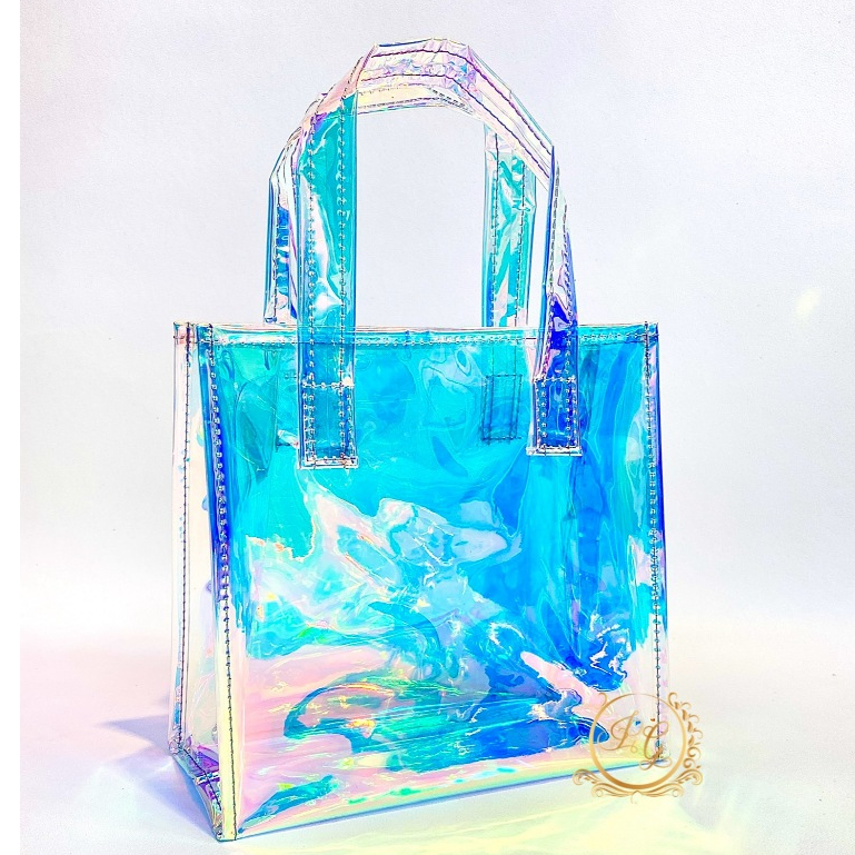 Tas Glossy Full Mika Resleting Zipper Tote Bag Medium Hologram Full Mika Pvc