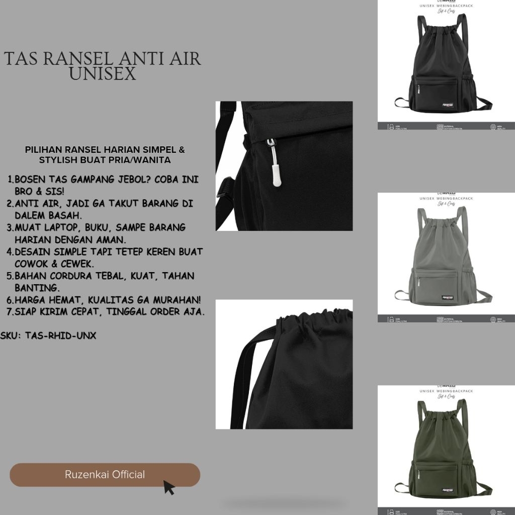 Tas Ransel Serut Unisex Anti Air – Keren Buat Sekolah & Nongkrong