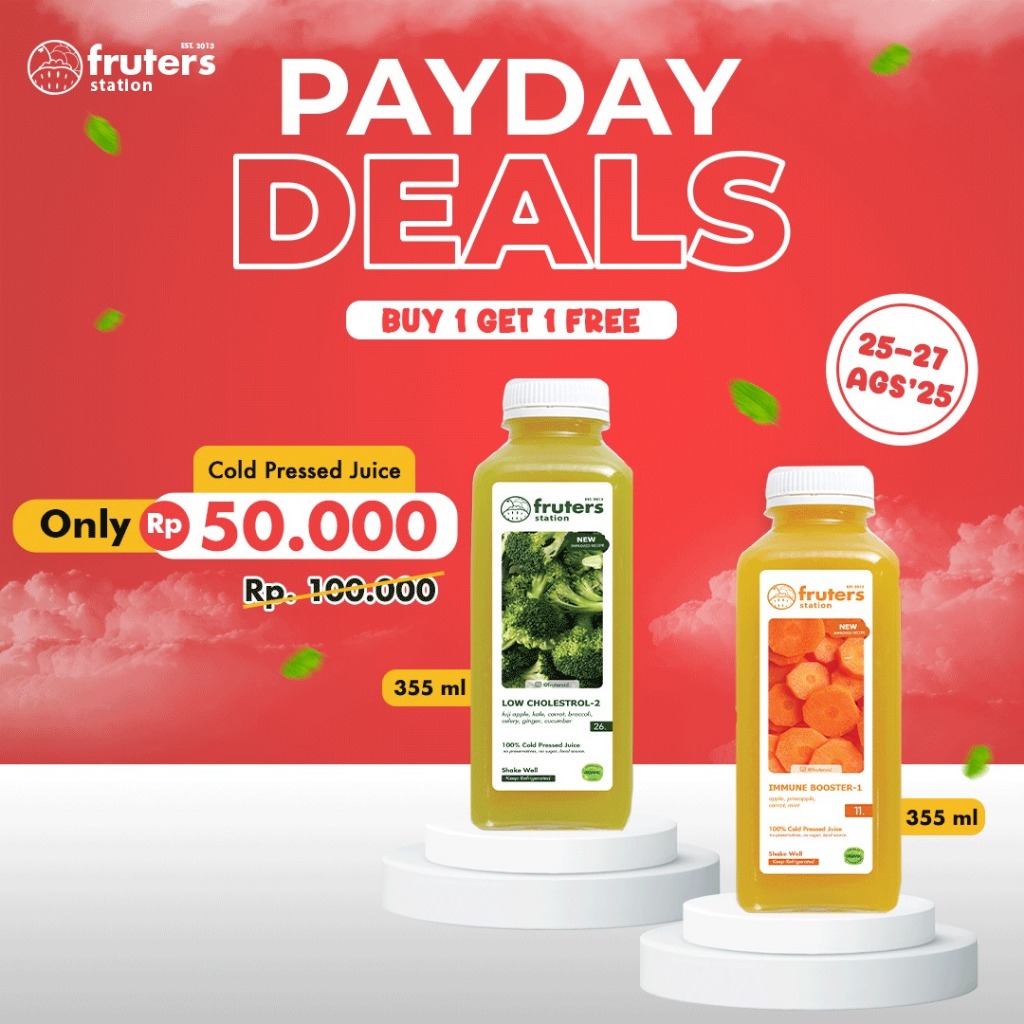 

Promo Buy 1 Get 1 Cold Pressed Juice 355 ml Fruters Station