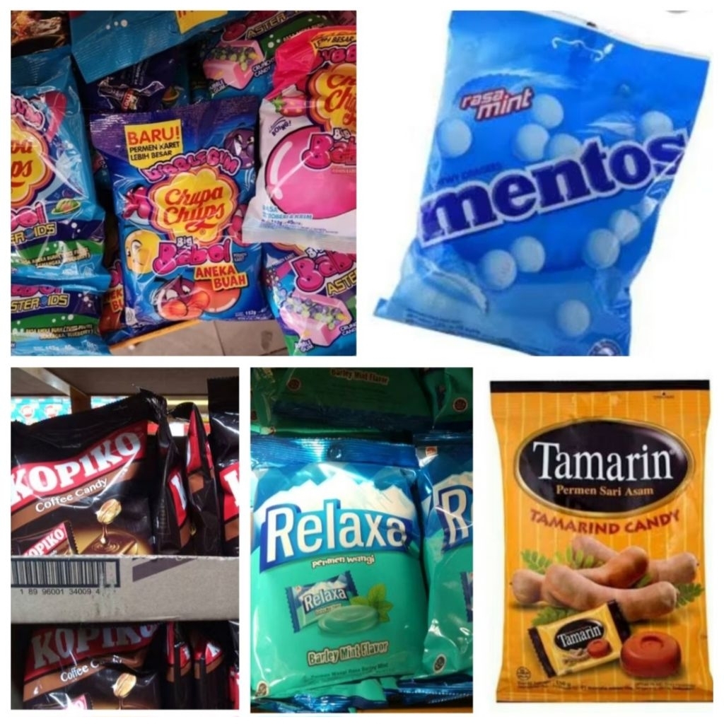 

permen candy aneka macam big babol mentos kopiko relaxa tamarind kiss yupi antangin