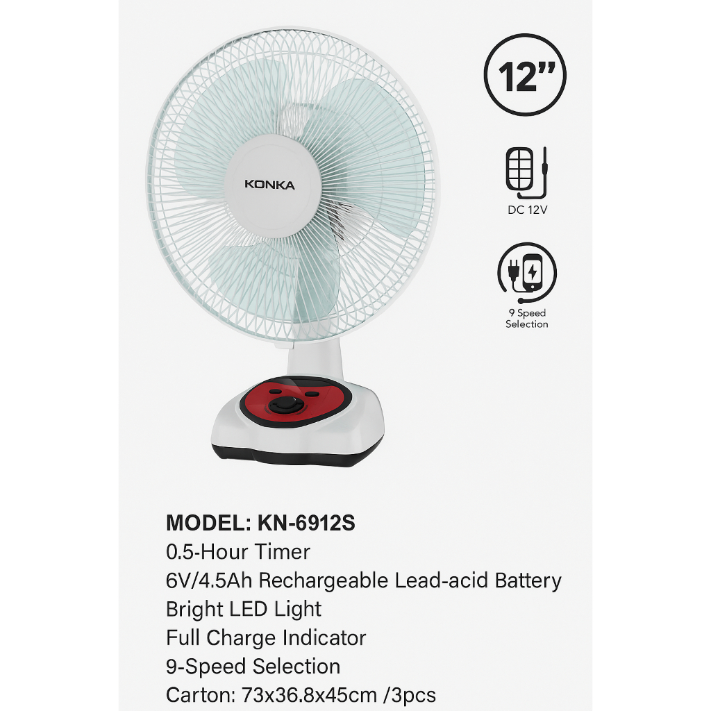Kipas Angin Portable Rechargeable KONKA 12 Inch KN-6912S