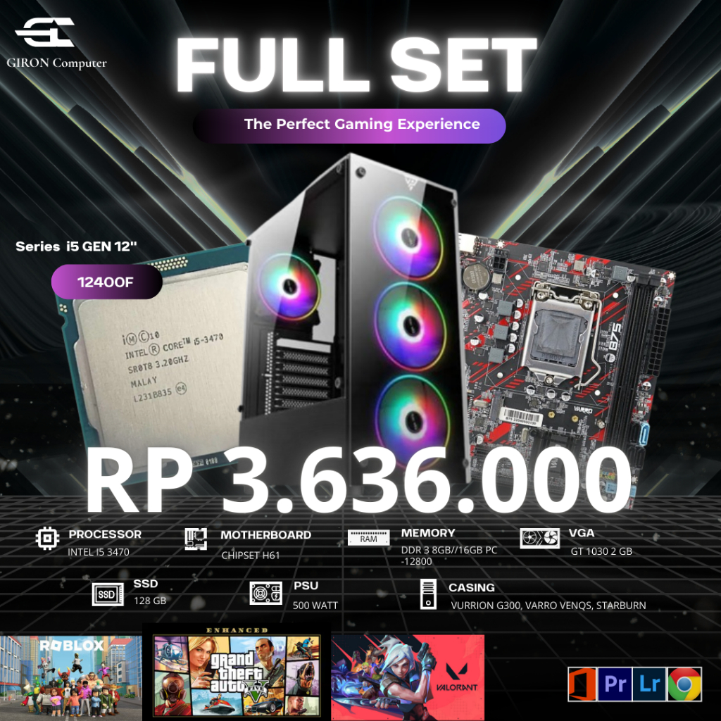 PC Gaming Fullset Intel Core i5 3470 I 16GB I GT1030 2GB I LED 22"