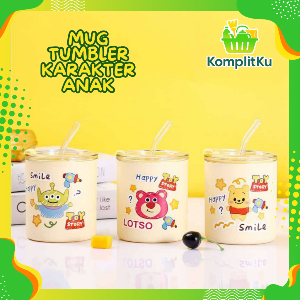 MUG KACA 320ML TUMBLER KARAKTER ANAK LUCU MOTIF / MUG GELAS KACA MOTIF