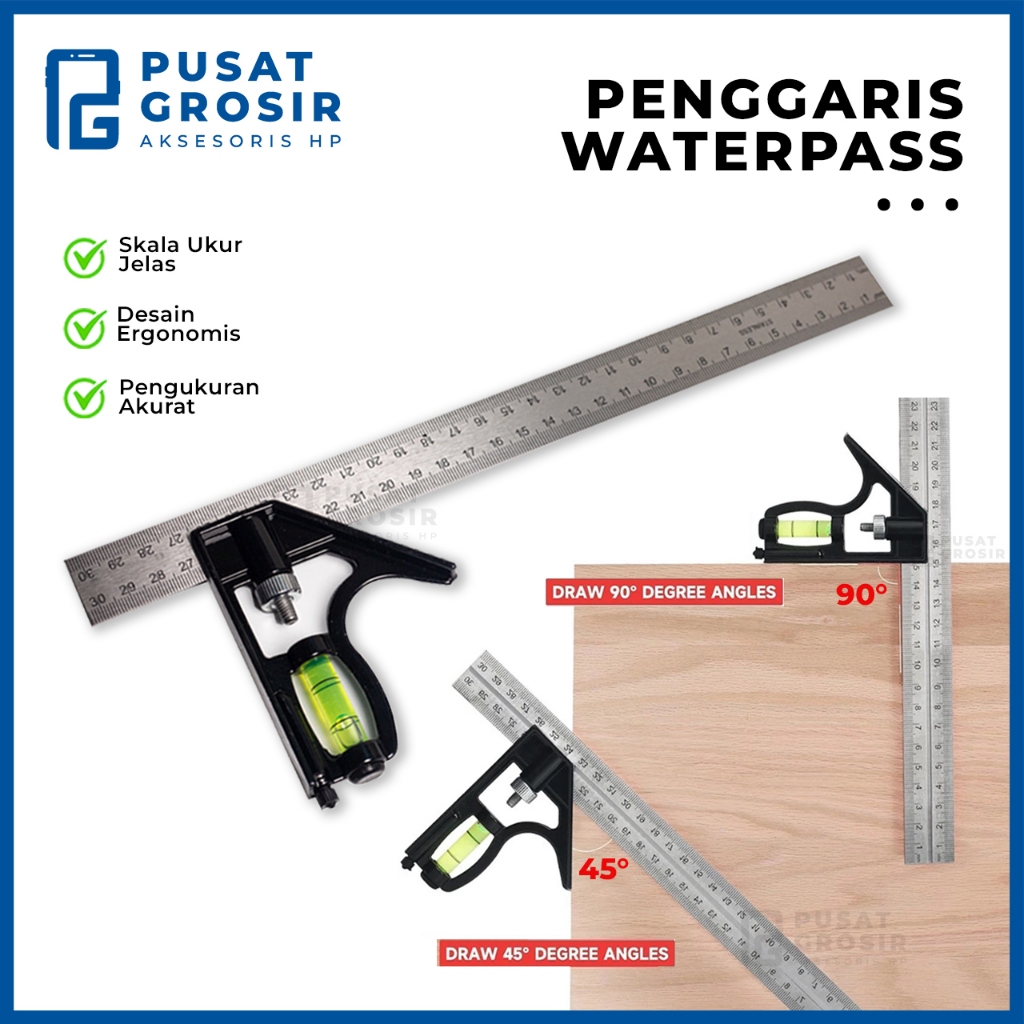 

Penggaris Siku Waterpass Mistar 30cm garisan alat ukur stainless serbaguna
