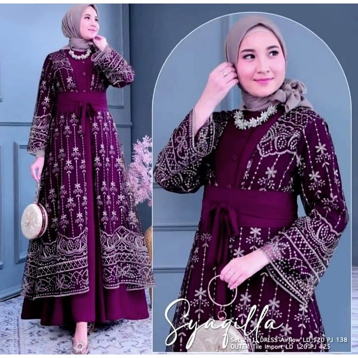 SAFIRA Gamis Inner & Outer Model Terbaru 2025 Baju Pesta Kondangan Mewah Ceruty Mix Brukat Premium U