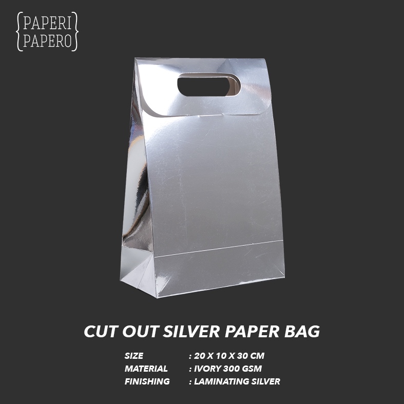 

Cut-out Handle Silver Paper Bag (20x10x30 cm) - Tas Kantong Kertas Perak dengan Lubang Pegangan Tanpa Tali (1 Pcs)