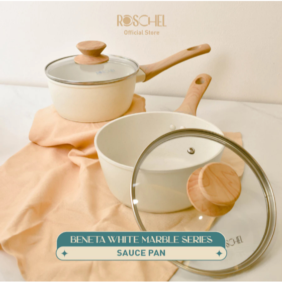 Roschel Beneta White Marble Coating Non-Stick Saucepan 16 , 18 cm + Tutup Kaca