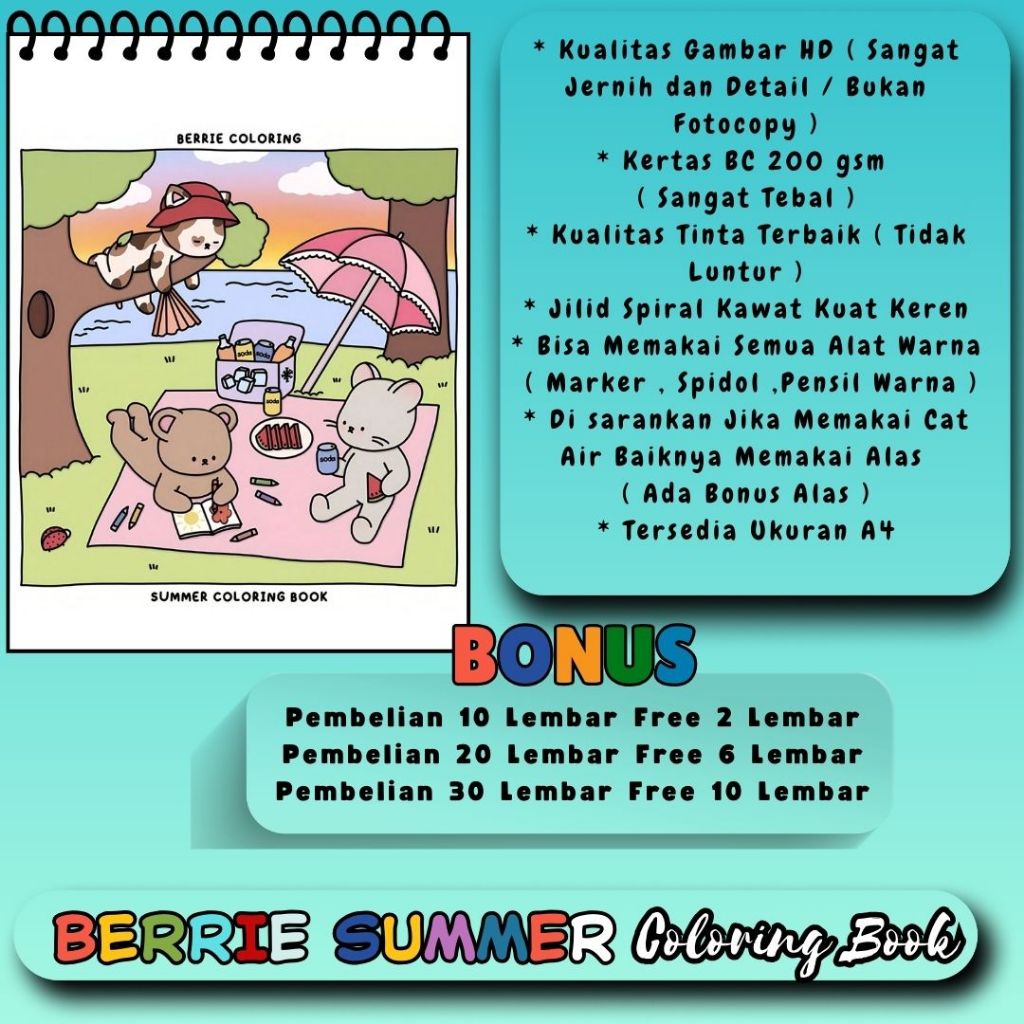 

Buku Mewarnai Tema BERRIE SUMMER Coloring Book For Kids And Adult Sketsa Gambar HD Jernih Jelas Kertas 200 gsm Sangat Tebal