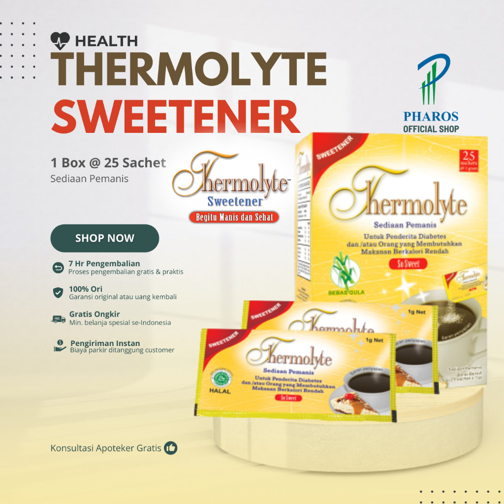 

Thermolyte Sweetener - Box isi 25 Sachet @ 1 Gram - Pemanis Pengganti Gula