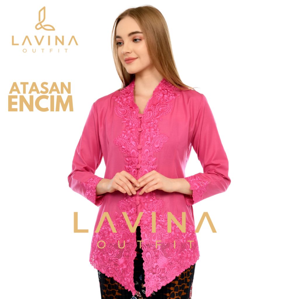 Lavina - Kebaya Encim Bordir Modern Batik Tradisional Betawi Pink Fuchsia Fanta Lengan Panjang Jumbo