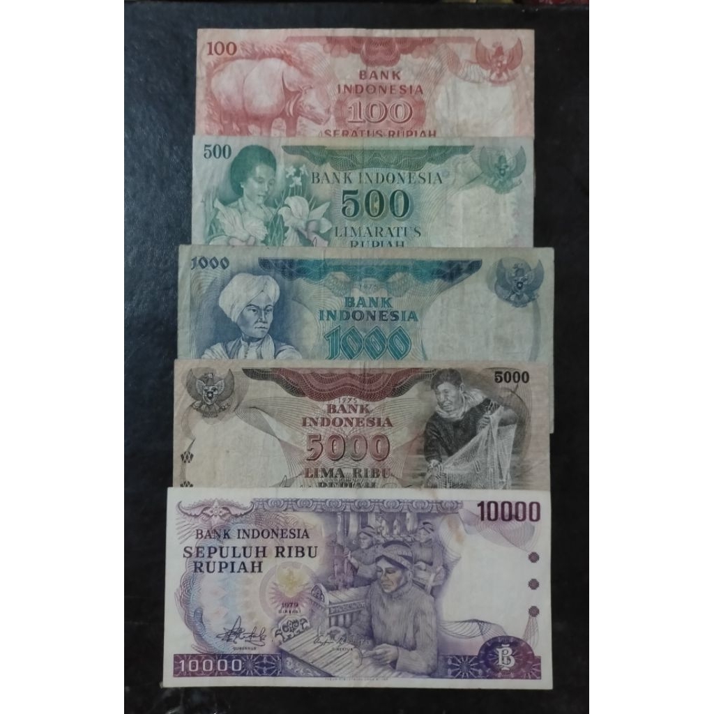 full set nominal uang tahun 1970an, 100, 500, 1000 dipanegara 5000 penjala 10000 gamelan