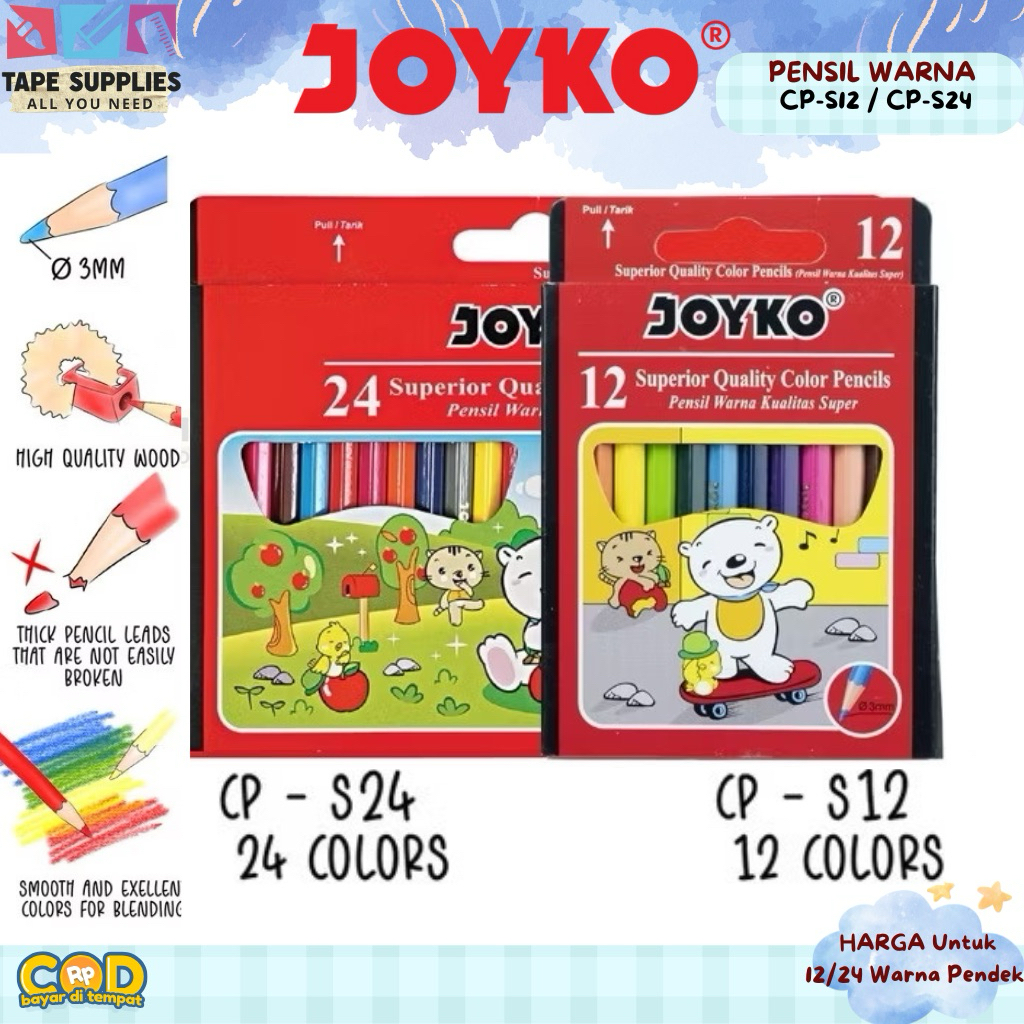 

Pensil Warna Joyko CP-S12 / CP-S24 – 12 & 24 Warna Pendek, Kualitas Super, Warna Cerah