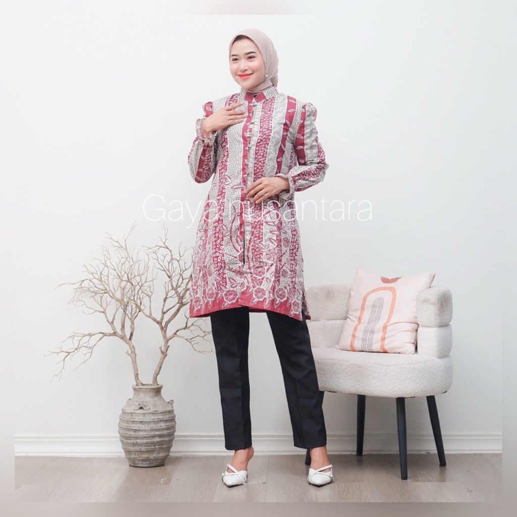 tunik batik salur bunga - tunik batik modern - atasan wanita - batik wanita