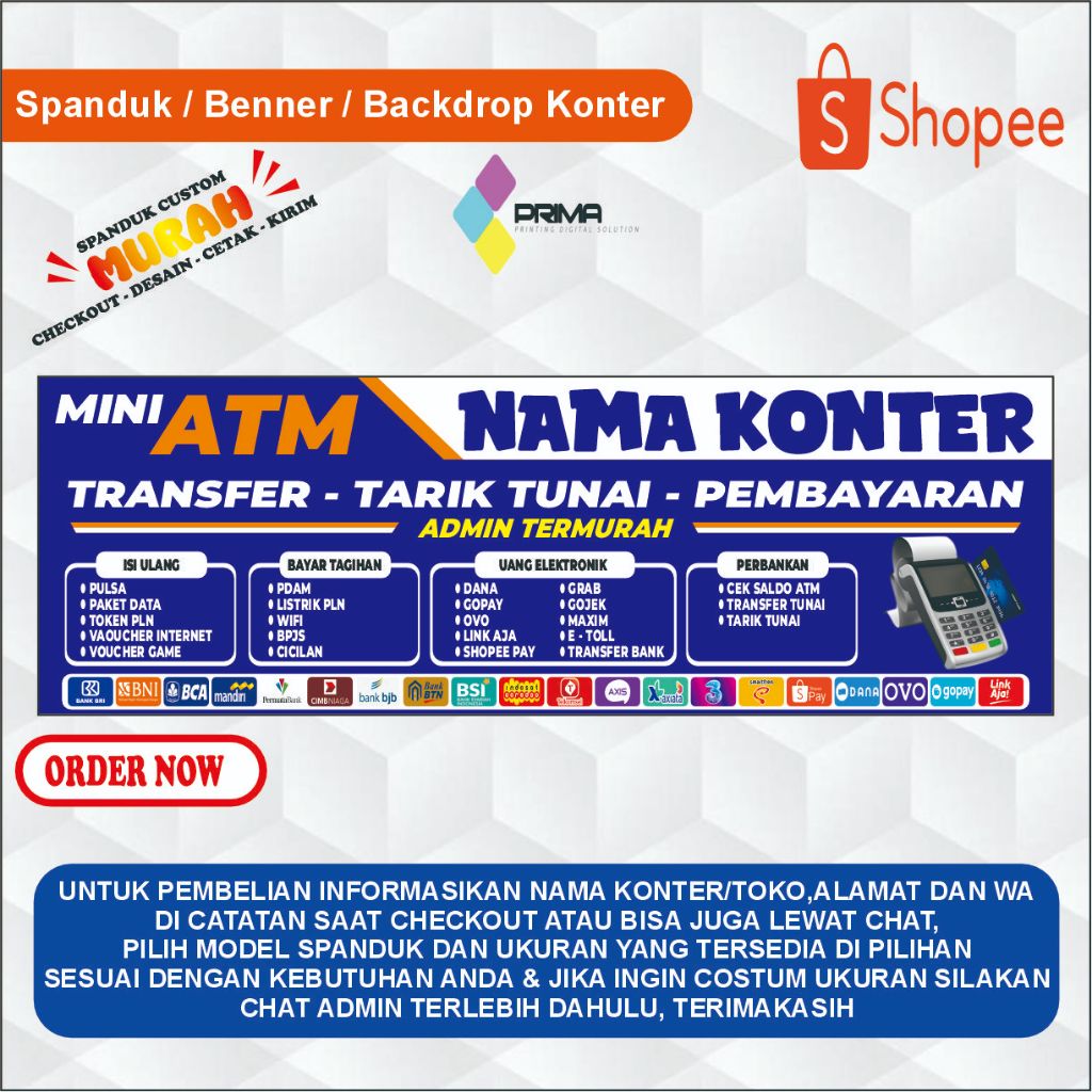 CETAK BANNER SPANDUK KONTER ATM MINI/HIASAN KONTER PULSA/PROMOSI KONTER PULSA CUSTOM
