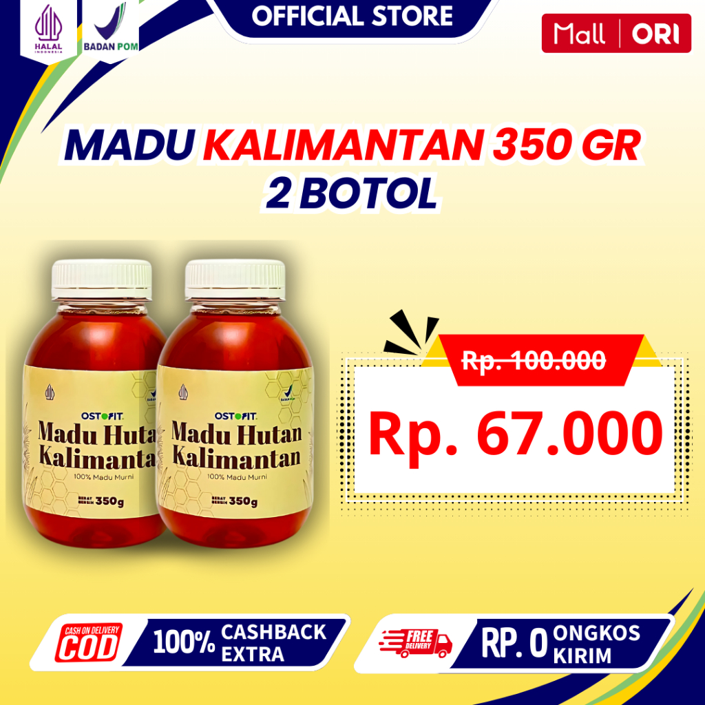 

OSTOFIT Paket 2 Botol Madu Hutan Asli Kalimantan 100% Halal Tanpa Campuran - 350 gr per botol
