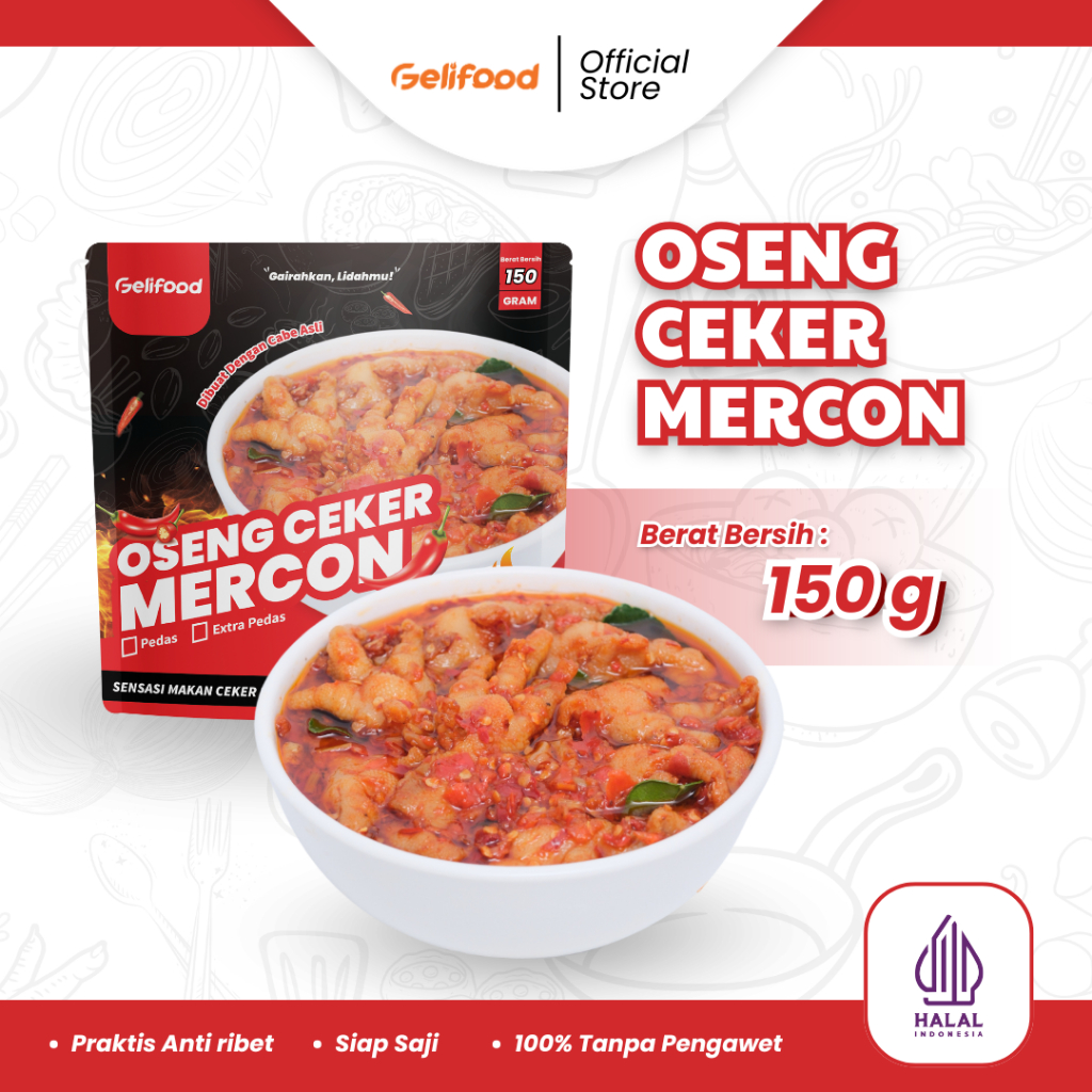 

Gelifood - Oseng Mercon Ceker Tanpa Tulang Pedas Daun Jeruk Makanan Kemasan 150gr